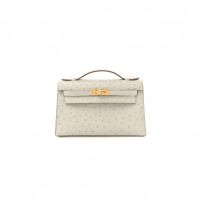 HERMÈS MASTER OSTRICH KELLY POCHETTE CLUTCH GRIS PERLE (22*14*7cm) 